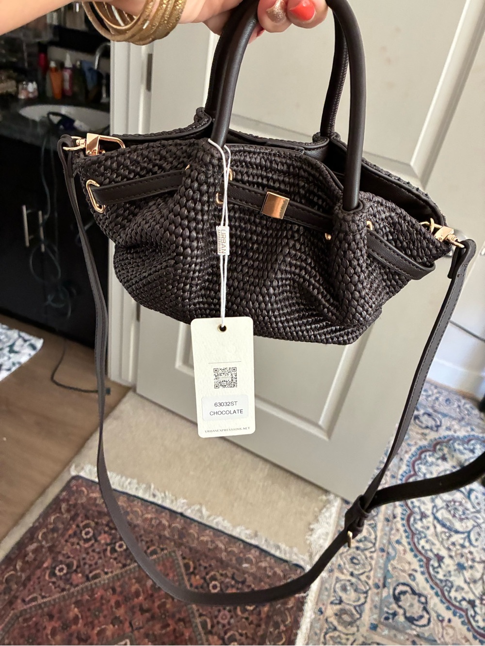 Urban Expressions Chocolate Brown Woven Mini Satchel with Gold Hardware - Picture 3 of 9